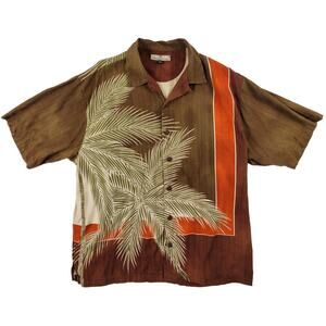 Tommy Bahama Mens Hawaiian Button Up Brown Green Palm Trees Shirt Silk Shirt M